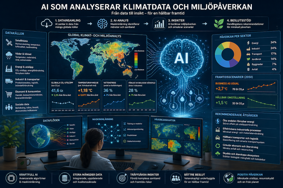 Visualisering av AI som analyserar klimatdata och miljöpåverkan med en digital kontrollpanel, världskarta och diagram som visar utsläpp, temperatur och riskindikatorer.