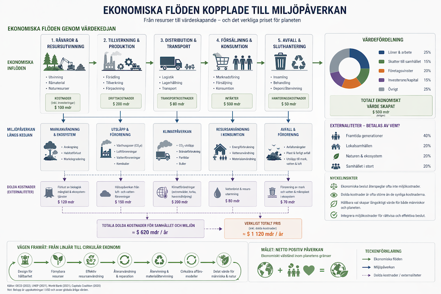 Diagram som visar ekonomiska flöden genom värdekedjan och hur de kopplas till miljöpåverkan, inklusive utsläpp, resursanvändning, avfall och dolda kostnader.