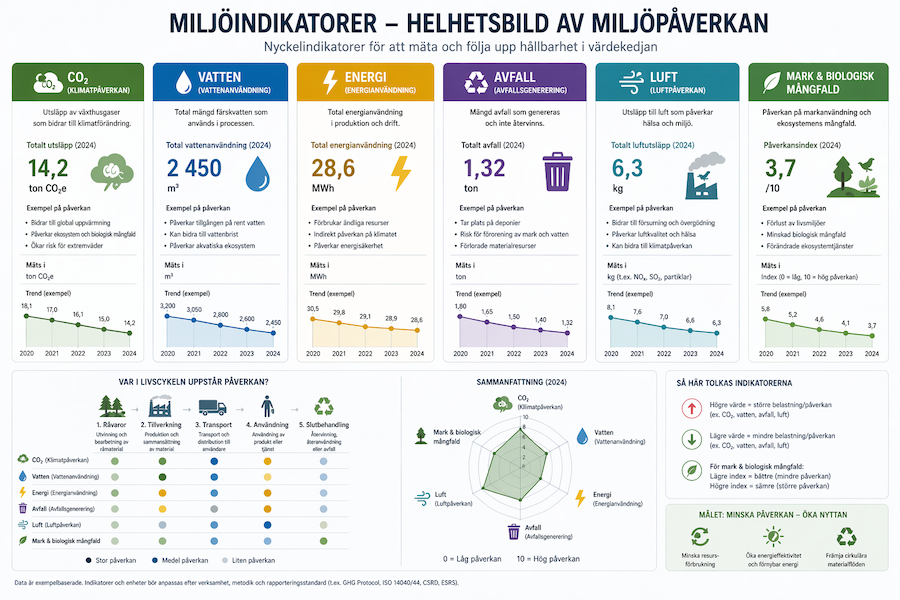 Diagram över miljöindikatorer som CO₂-utsläpp, vattenanvändning och energiförbrukning, med tydliga ikoner och sammanfattande data i en översikt.