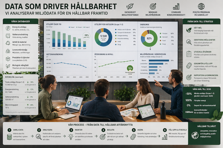 Företagsteam analyserar miljödata på en stor dashboard med utsläpp, energimix, vattenanvändning och återvinning för att ta fram en hållbarhetsstrategi.