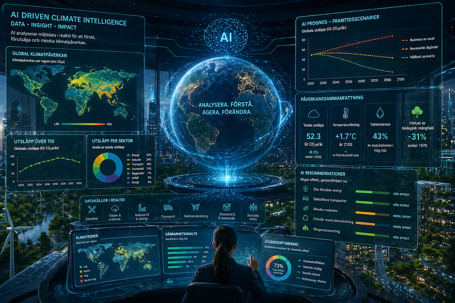 Futuristisk visualisering av AI som analyserar klimatpåverkan med holografisk jordglob, världskarta och data-paneler för CO₂, energi och temperatur.