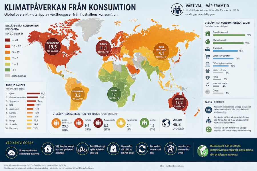 Global karta som visar klimatpåverkan från konsumtion med färgkodade utsläpp per capita och sammanfattande diagram per region och kategori.