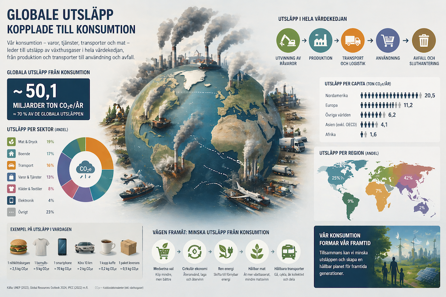 Infografik som illustrerar globala utsläpp kopplade till konsumtion med diagram, värdekedja och världskarta som visar utsläpp per region och sektor.
