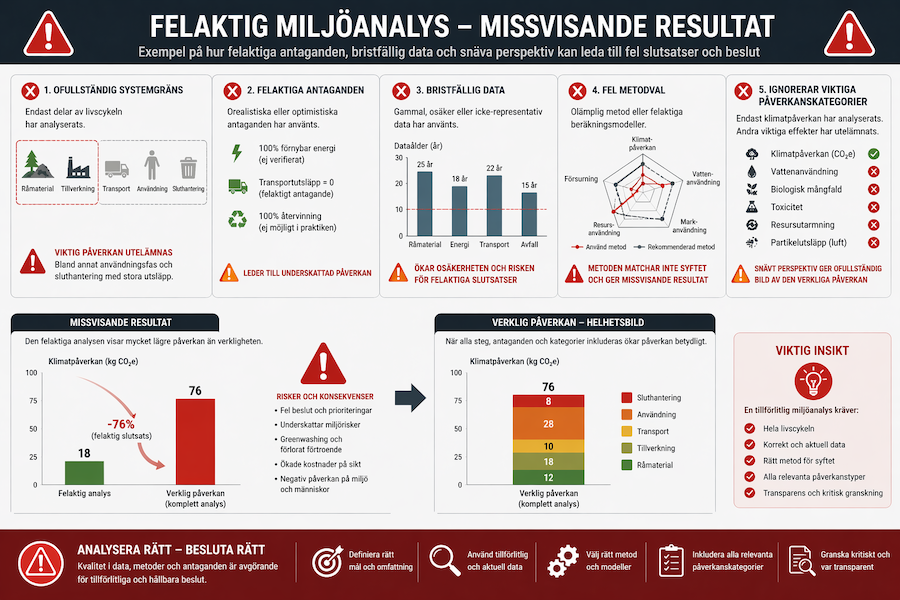 Infografik som visar en felaktig miljöanalys med diagram, markerade brister och en tydlig varningssymbol som signalerar missvisande resultat.