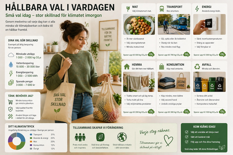 Person gör hållbara val i vardagen, som att handla med återanvändbara kassar och välja klimatsmarta alternativ för att minska klimatpåverkan.