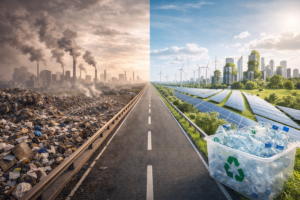 Delad bild med förorenad stad och avfall på ena sidan och grön hållbar framtid med solpaneler, vindkraft och återvunnen plast på andra sidan, med en väg i mitten som symboliserar övergången.